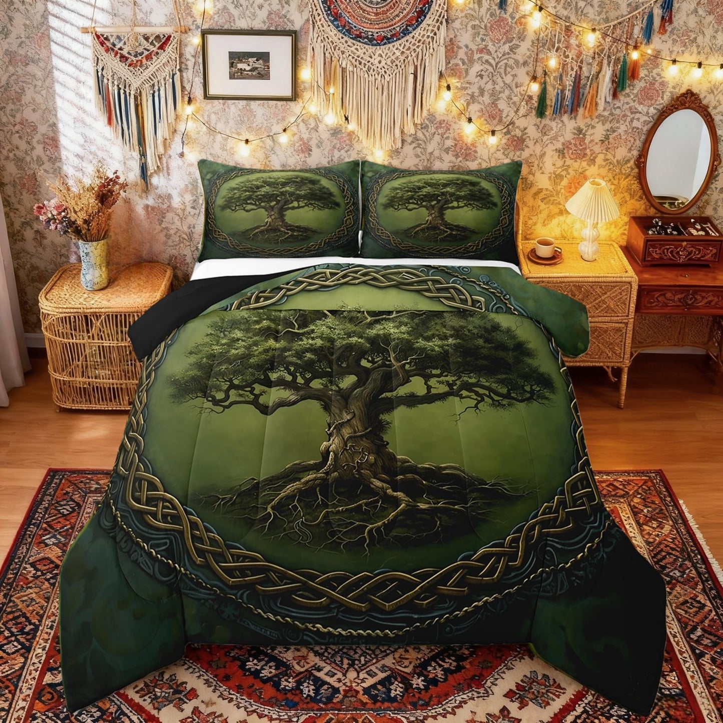 Tree of Life Teens Comforter Set,Boho Tribal Tree Branches Mystic Green Bedding Set All Season,Exotic Style Geometric Circle Mandala Comforter 3 Pcs with 2 Pillowcases,Queen Size