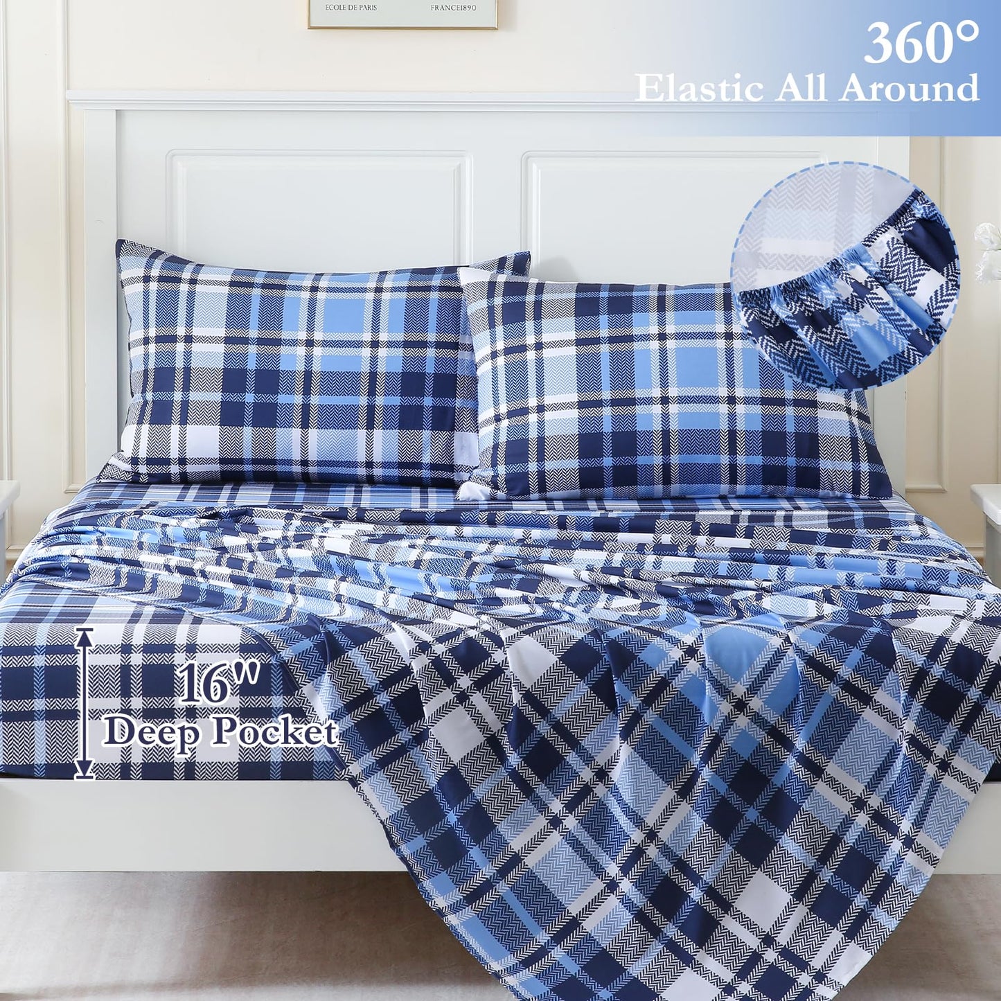 MICORAL Queen Sheet Set Blue Gingham Plaid, 4-Piece Brushed Microfiber Grid Bed Sheets, 16" Deep Pocket, Ultra Soft & Cooling Sheet, Oeko-TEX Certified, Blue