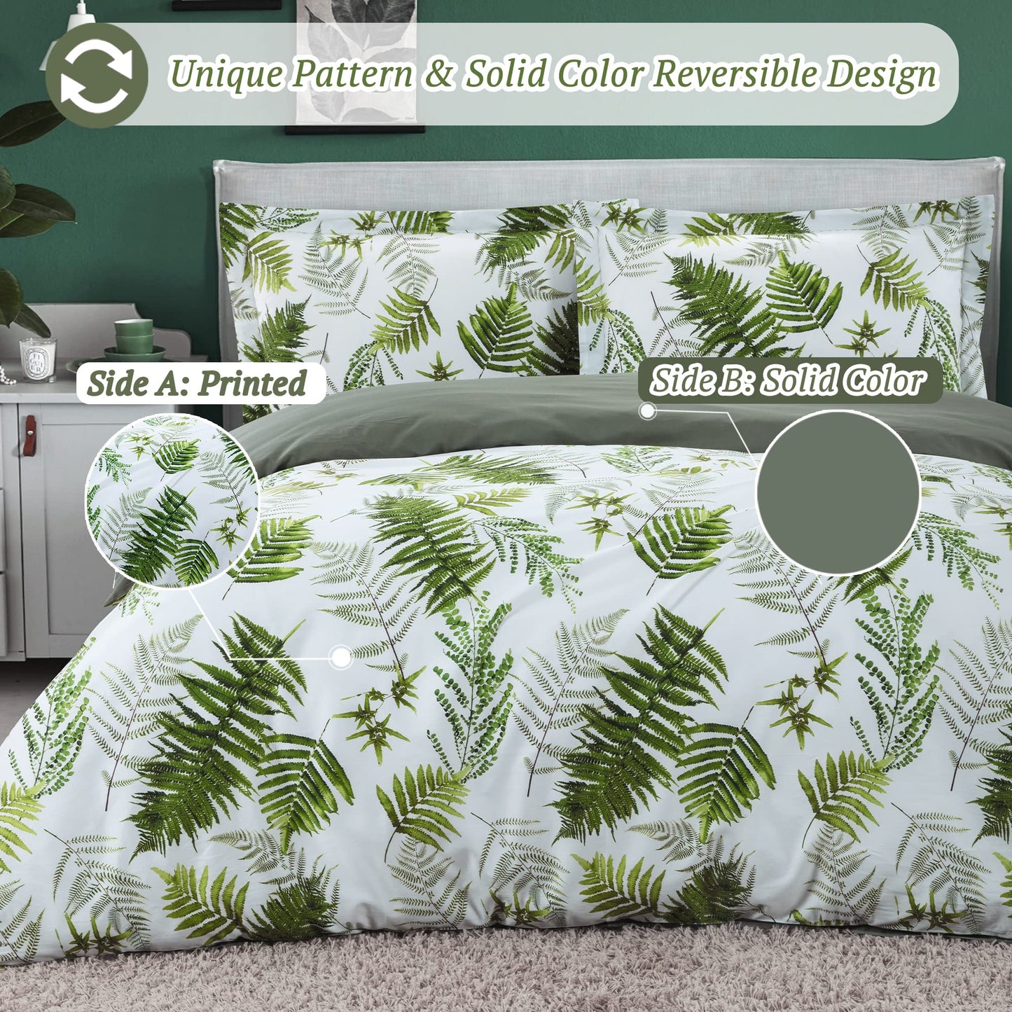 MILDLY Floral Duvet Cover Set - 100% Long-Staple Cotton Green Palm Leaf Pattern Printed Tropical Comforter Cover 3pcs Soft Breathable Luxury Bedding for All Season