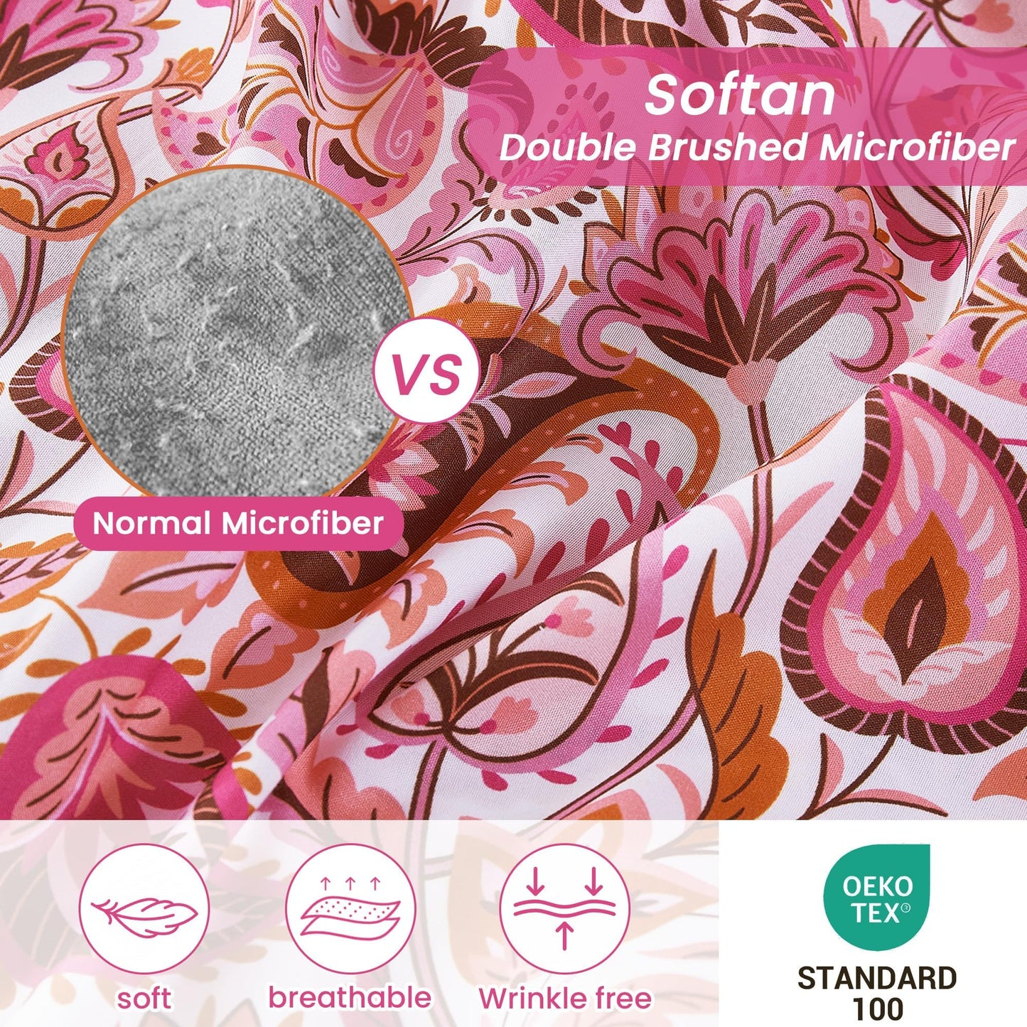 Softan Pink Paisley Floral Full Sheet Set, Cozy Boho Microfiber Printed Fitted Bed Sheet with 15" Deep Pockets & Non-Slip Straps, Girls Patterned Double Sheets & Pillowcase Set