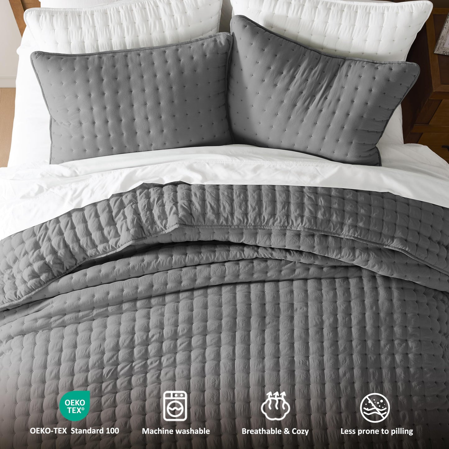 WDCOZY Dark Grey Queen Size Quilt Bedding Sets with Pillow Shams, Deep Lightweight Bedspread Coverlet, Quilted Blanket Thin Comforter Bed Cover, All Season Summer Spring, 3 Pieces, 90x90 inches