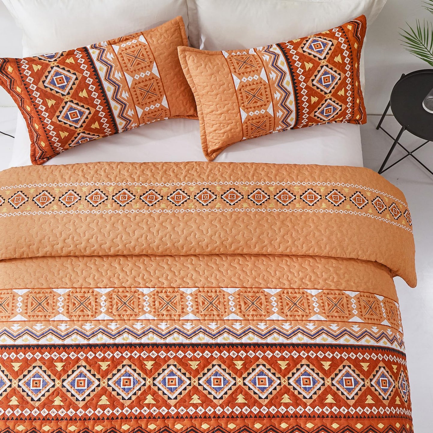 WONGS BEDDING 3 Pieces Quilt Set California King, Burnt Orange/Rust Thanksgiving Quilt Bedspread Bohemian Coverlet Set with 2 Pillowcase, Fall Soft Thanksgiving Bedding Set All Season 106"×96"