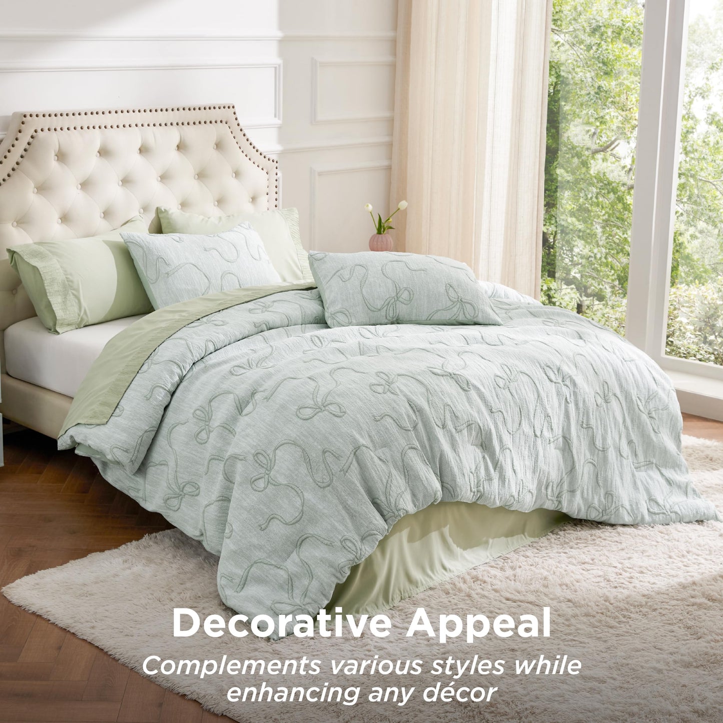 Bedsure Sage Green King Size Comforter Set, GentleSoft™ 3 Pieces Breathable Bow Comforter Set Women with 2 Pillow Shams, Cute King Bedding Set Room Decor Aesthetic Bedroom Decor, 104x90 Inches