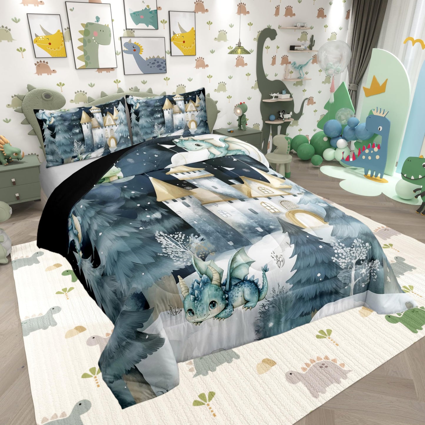 Kids Boys Dragon Toddler Bedding Set,Cartoon Castle Wildlife Comforter Set Bed Set Boys Men Bedroom Decor,Mystery Night Jungle Pine Trees 2 Pieces Quilt Set,Tie Dyed Duvet Insert,1 Pillow Case