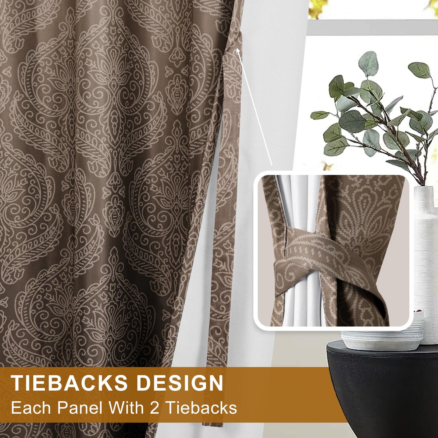 DWCN Brown Blackout Curtains 84 inches Length - Ombre Damask Patterned Back Tab/Rod Pocket Window Drapes with Tiebacks Thermal Insulted Curtains for Bedroom/Living Room, 2 Panels, W52 x L84