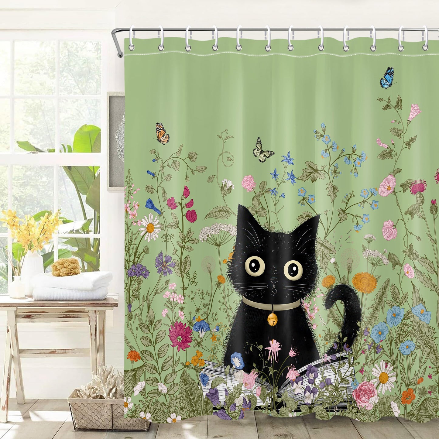 Art_Angels Cute Cat Shower Curtain Wildflower Plant Shower Curtains for Bathroom Flower Butterfly Shower Curtain Set Polyester Waterproof Cloth Fabric with Hooks, 72x72 Inches, Green