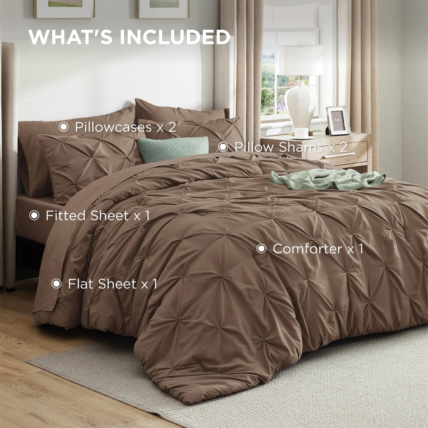 Bedsure Queen Comforter Set Brown - Bed in a Bag Queen Size Bedding 7 Pieces, GentleSoft™ Pintuck Bed Set Gift for Family, All Season Down Alternative Comforter with Sheets, Pillowcases & Shams