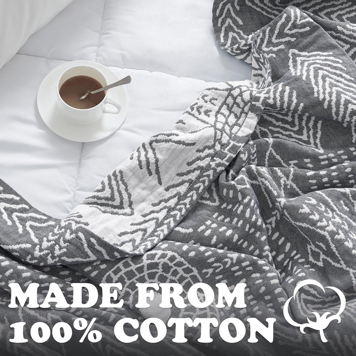 jinchan Boho 100% Cotton Muslin Blanket 3-Layer Queen Size 80x90 Inches Geometric Grey Lightweight Reversible Soft Cozy Comfy Throw for Couch Sofa Bed Large Coverlet Quilt Blanket Bedroom All Seasons