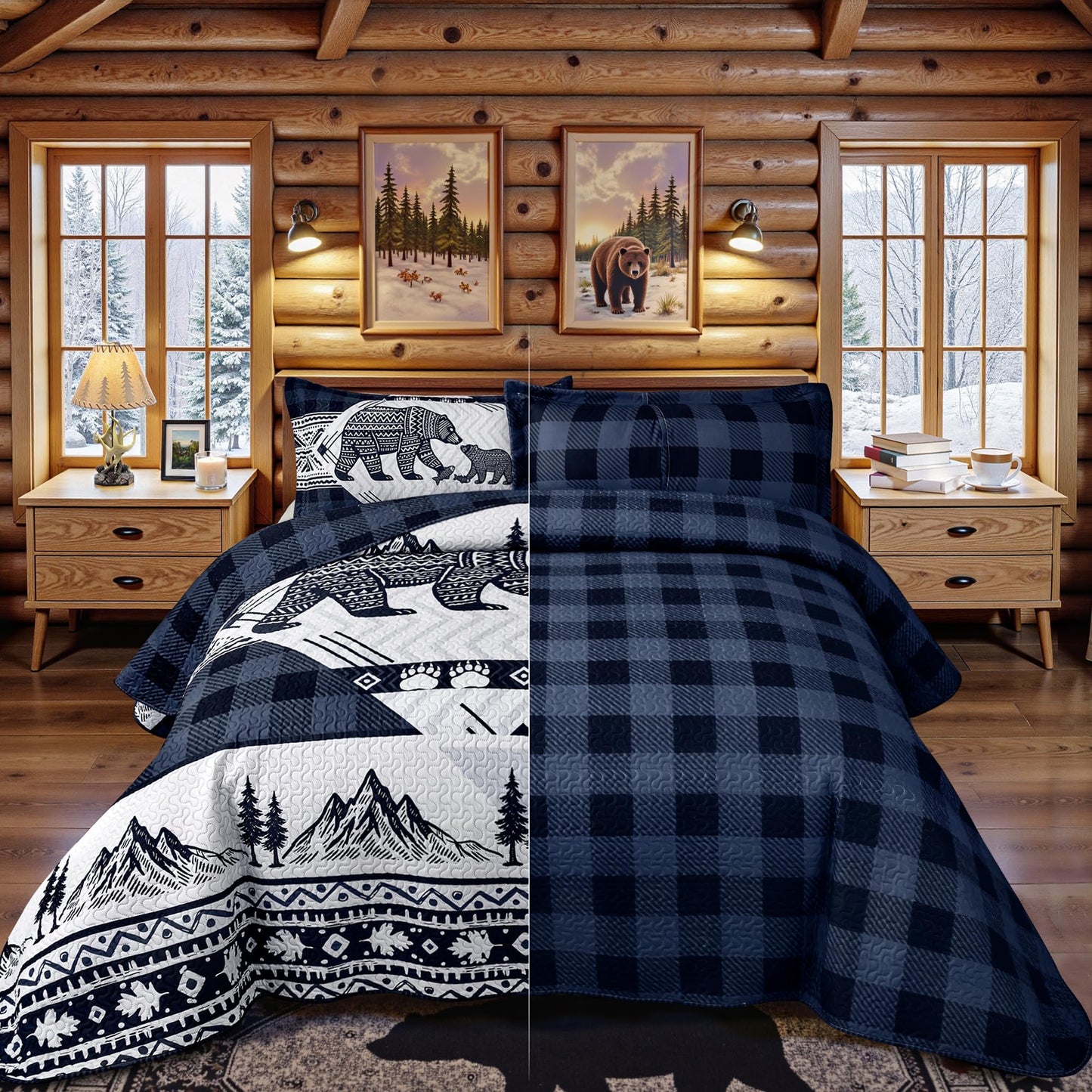 3 Piece Cabin Full/Queen Quilt Sets Farmhouse Rustic Reversible Microfiber Soft Lightweight Bedspread Comforter with 2 Shams Patchwork Country Lodge Bedding Quilts Set for All Season, 90''x96'' , Blue