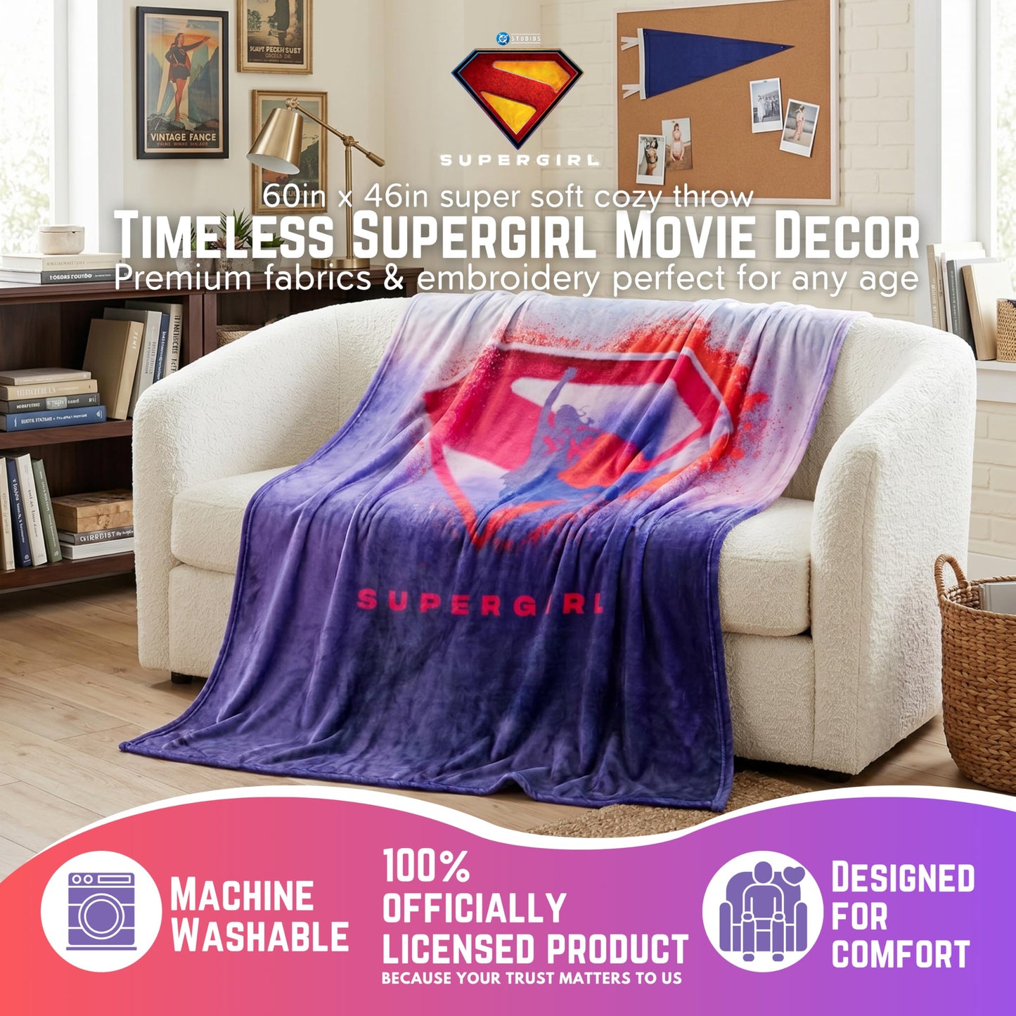 Supergirl Movie Fluffy Throw 46 in x 60 in – Soft Plush Lightweight Blanket for Couch, Bed & Travel, (Officially Licensed Product) by Franco