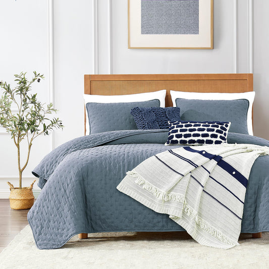 ROARINGWILD Dusty Blue Twin Size Quilt Bedding Set, Lightweight Soft Bedspread, Farmhouse Rustic Country Coverlet, Thin Cloud Comforter for Spring Summer, 1 Pillow Sham, 68x90 inches
