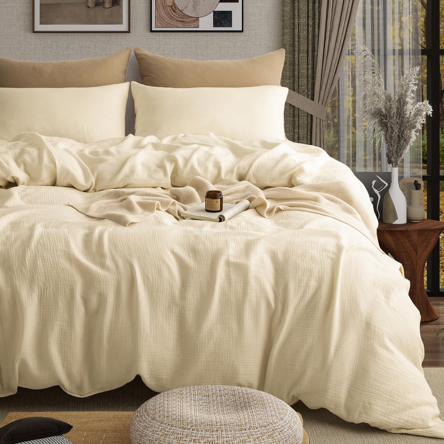 AGSIT Muslin Duvet Cover 100% Washed Cotton, King Size Duvet Cover Set Linen Like, Minimalist Soft Comforter Cover 3 Pieces, Lightweight Gauze Duvet Cover with 2 Pillowcases, 90”x104”, Cream White