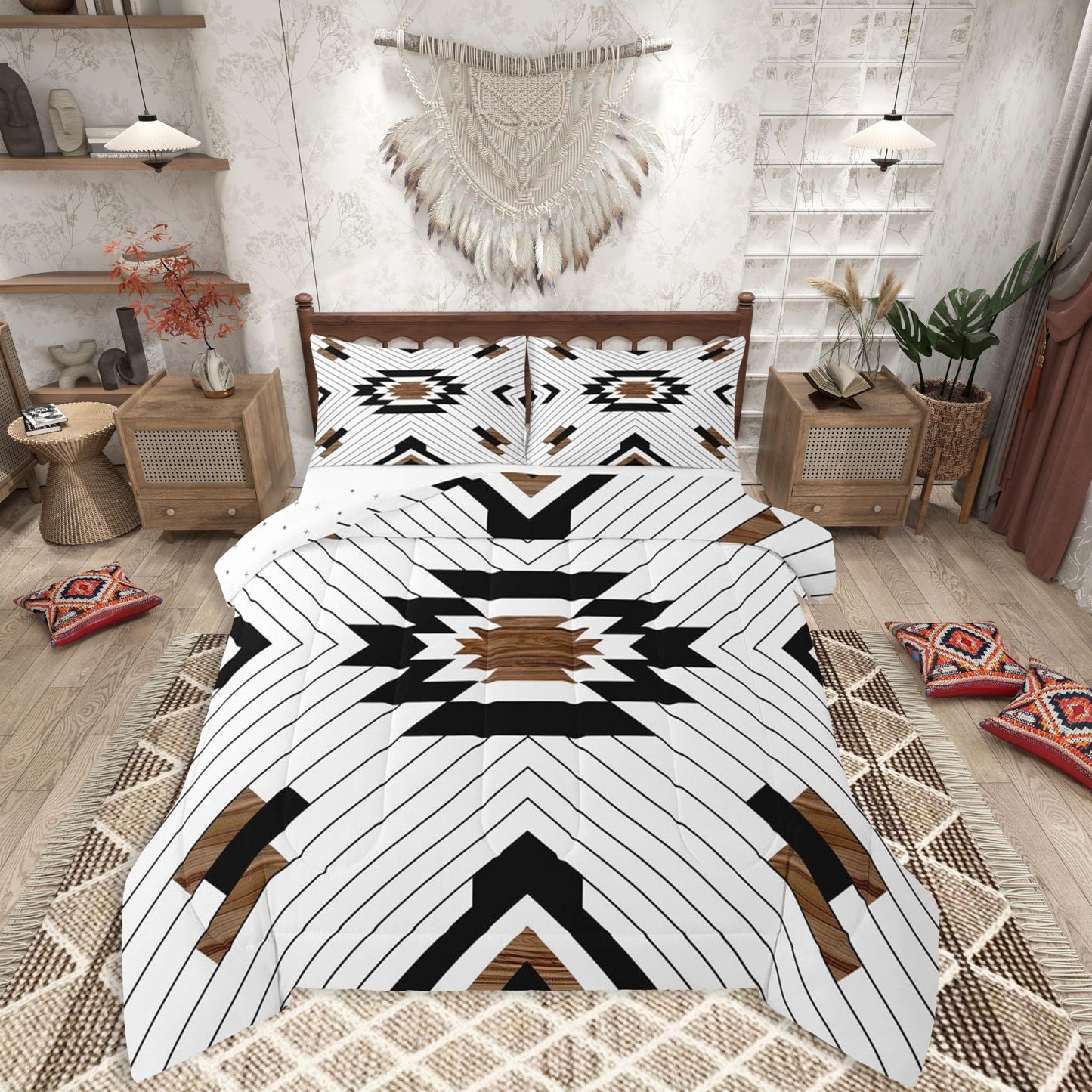 jejeloiu Rustic Western Comforter Set Queen Size Bohemian Aztec Bedding Set for Kids Boys Girls Southwestern Duvet Quilt Geometric Bedroom Decor Microfiber 3 Pcs with 2 Pillow Cases
