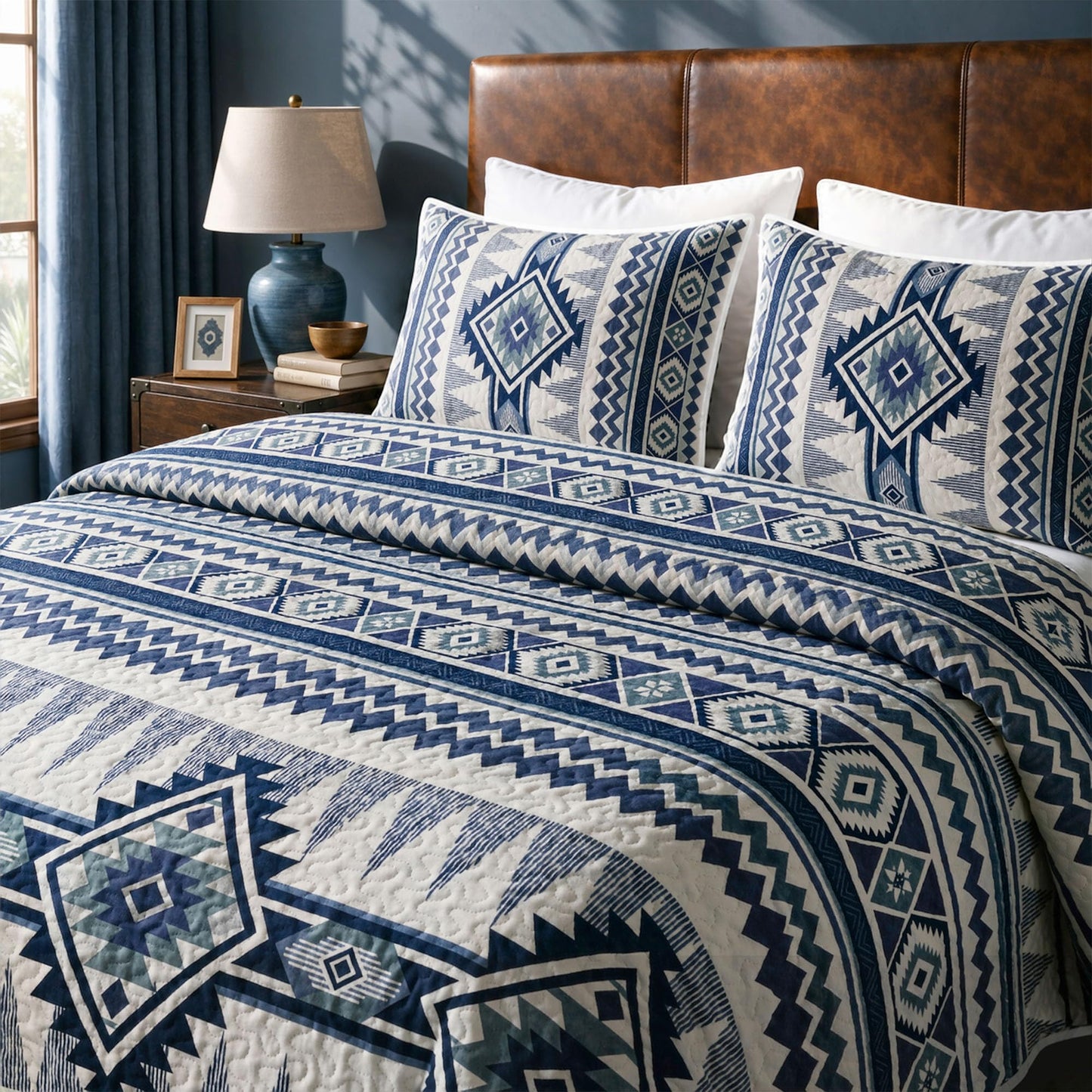 akkialla Reversible Blue Boho Queen Quilt Set, 2-Piece Bohemian Aztec Microfiber Bedspread, Soft Lightweight All-Season Coverlet (1 Quilt, 2 Shams)