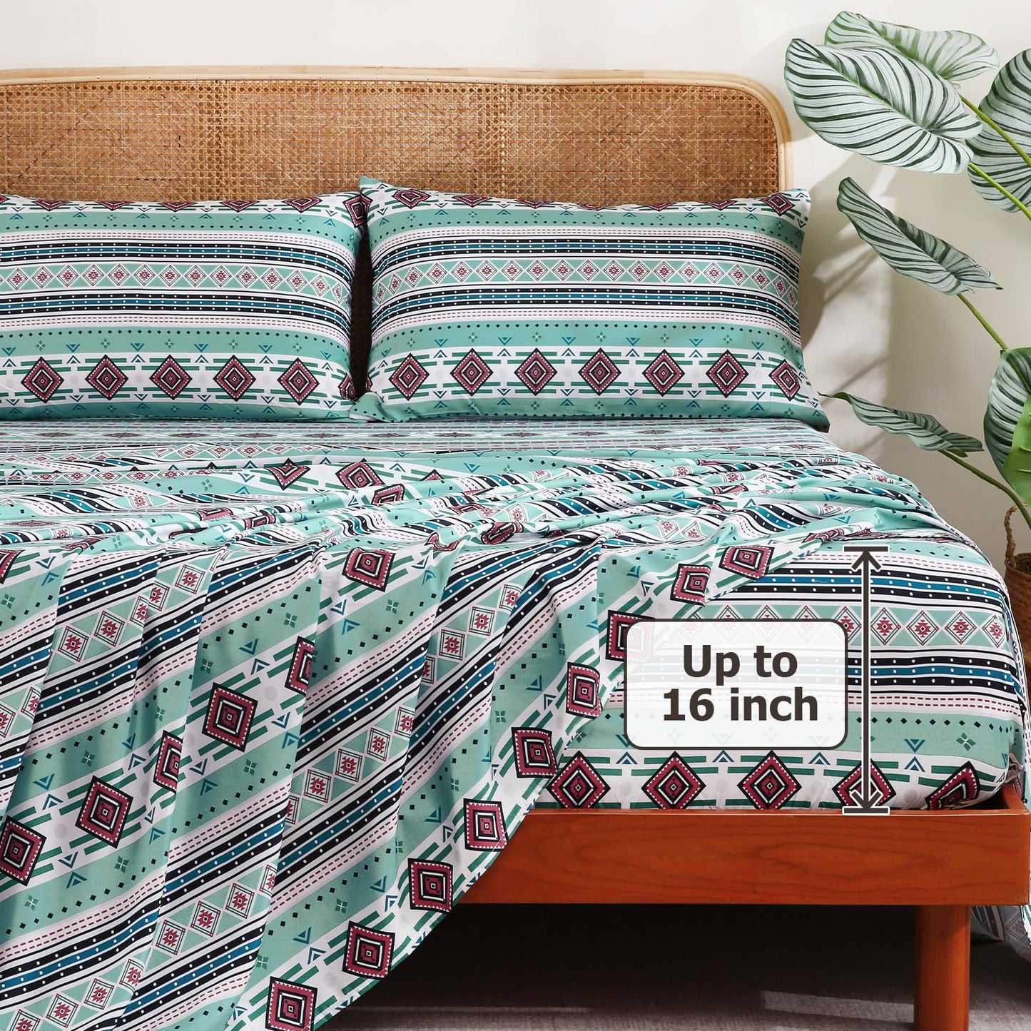 CozySmile 4 Pieces King Sheet Set Bohemian, Boho Sheets Soft Microfiber Deep Pocket, Western Sheets Geometric(King, Mint Coral Striped)