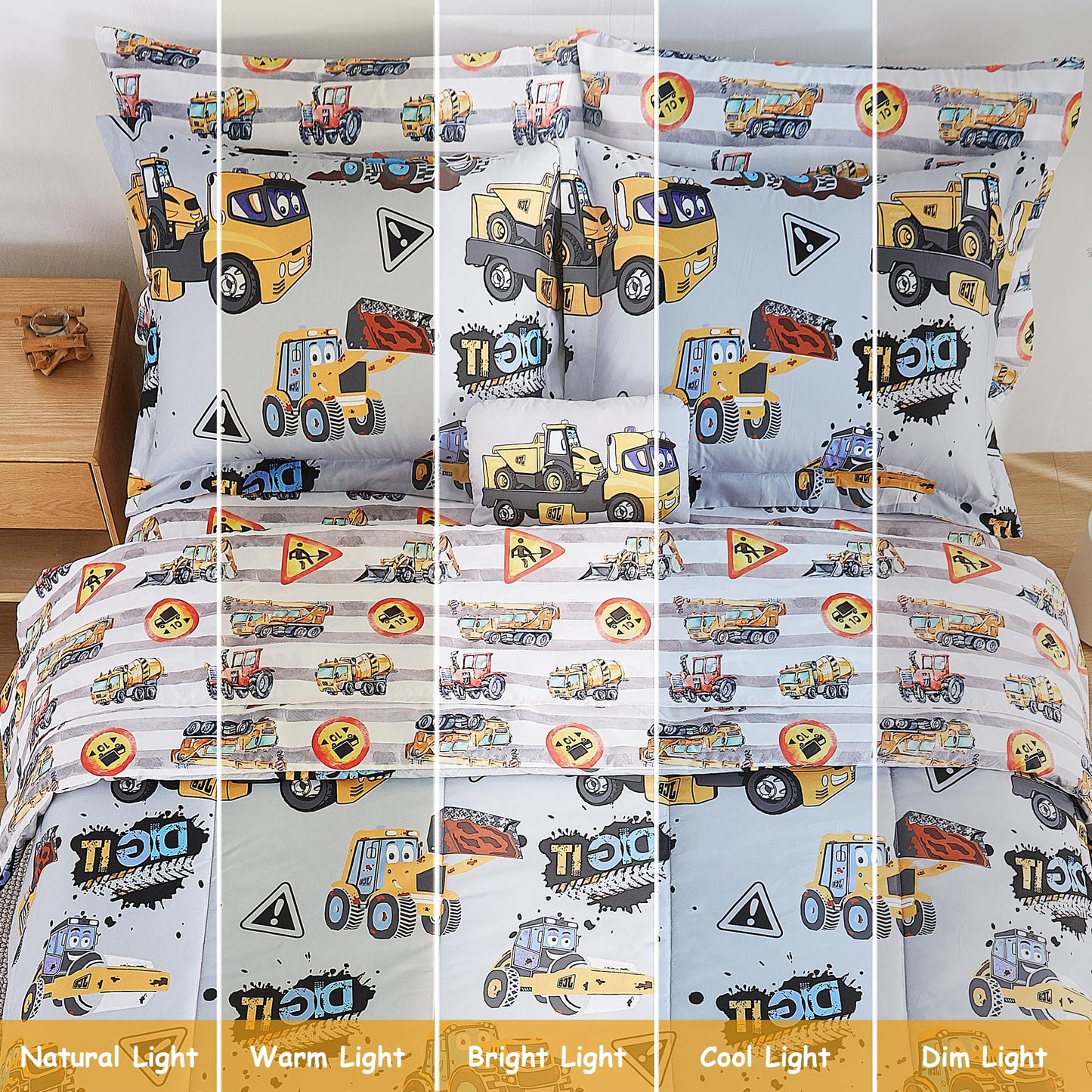Mooreeke Kids Twin Comforter Sets for Boys 6 Pieces Heavy Duty Vehicle Bedding Set for Teens Microfiber Engineering Truck Kids Bed in A Bag with Comforter, Sheet Set, Shams and Decorative Toy Pillow