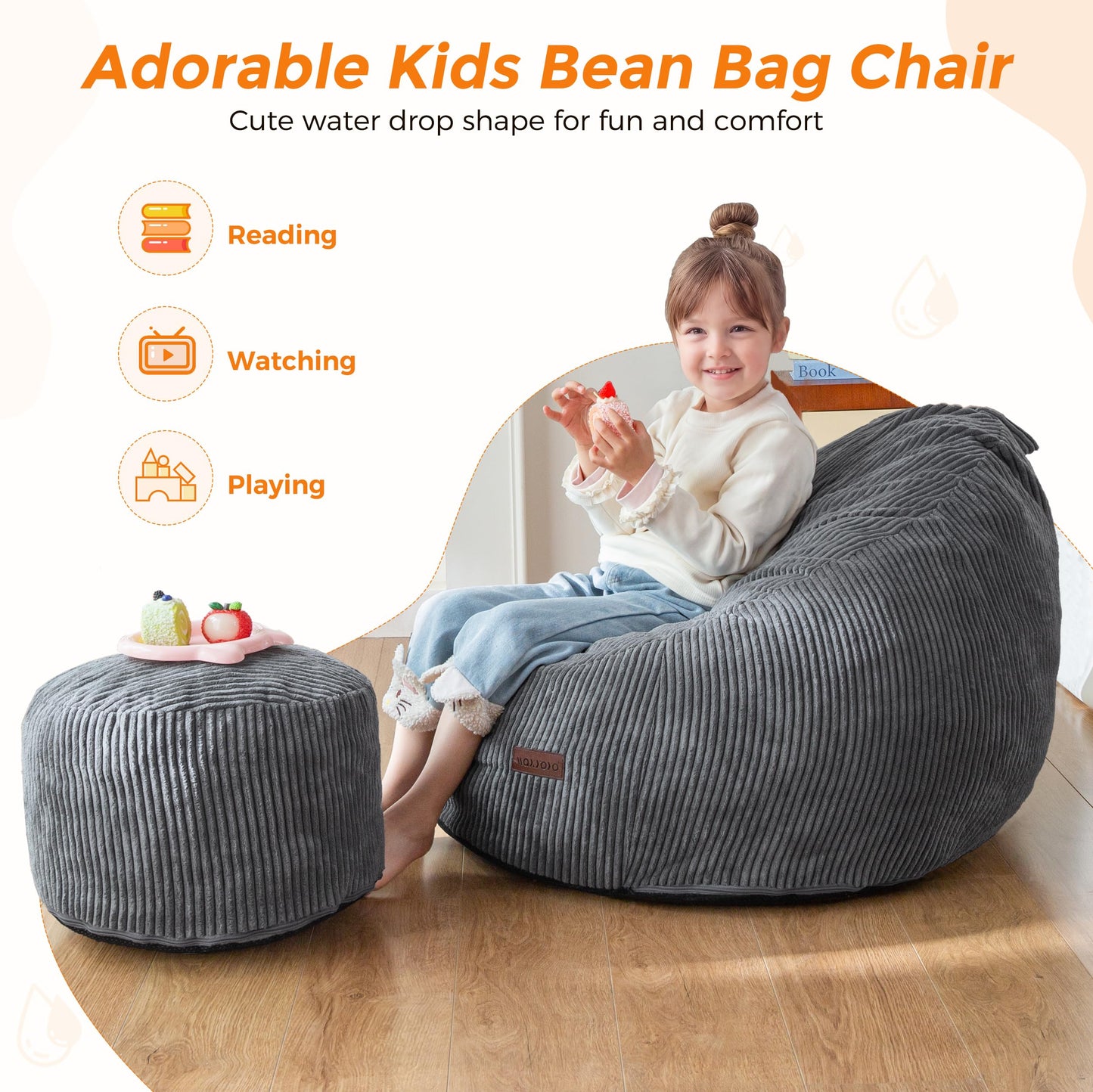 MAXYOYO Kids Bean Bag Chair with Ottoman, Soft Floor Bean Bag Sofa, Dark Grey