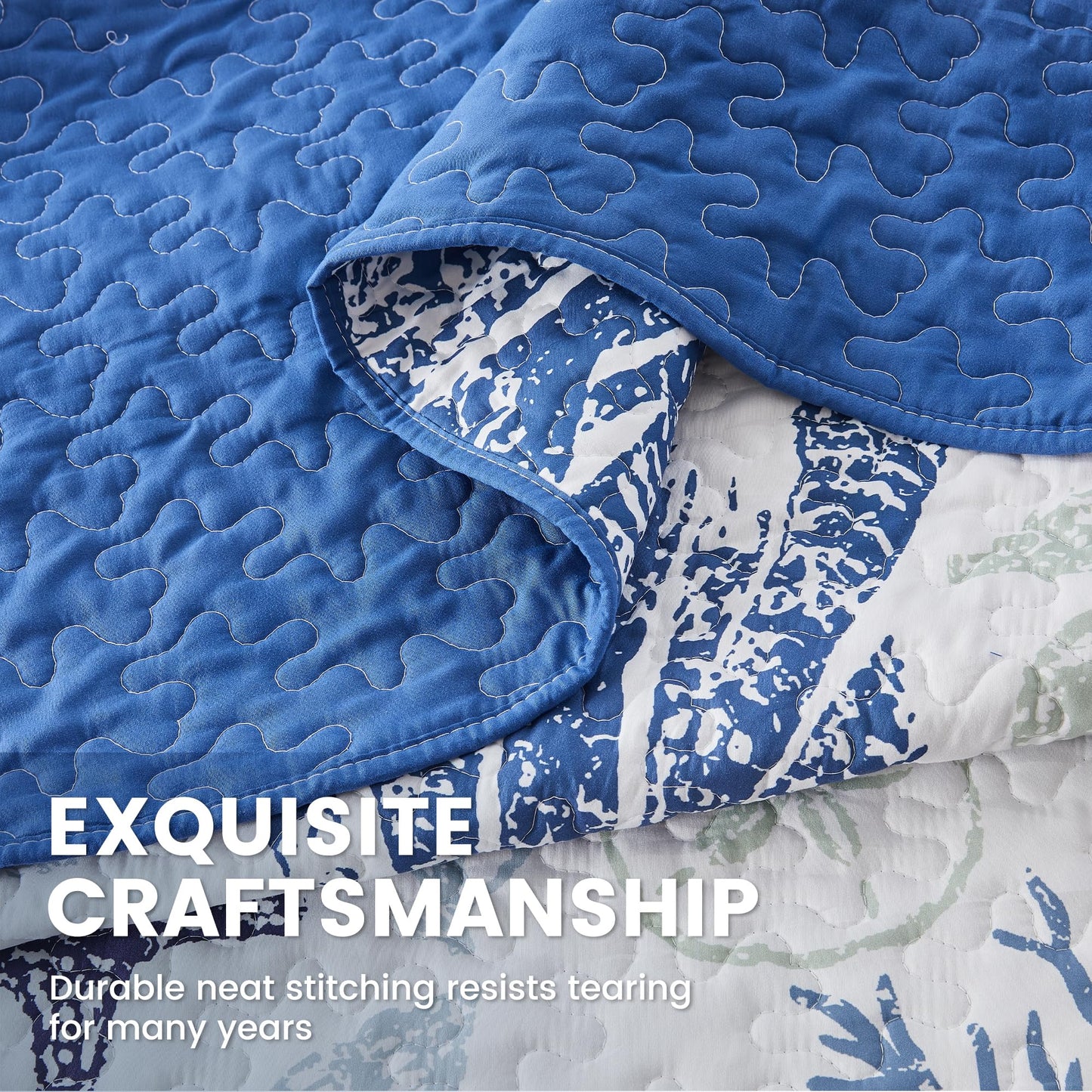 Qucover Coastal Quilt Sets King Size 106x98in, Reversible Microfiber Quilts with 2 Shams Soft Lightweight Beach Bedding Bedspread Coverlet Summer Comforter Set for All Season, Navy Blue