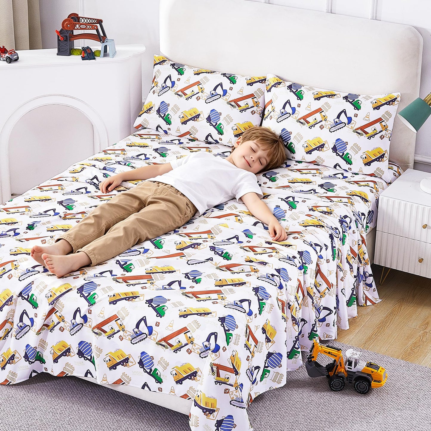 CozySmile Twin Sheet Set Kids,3 Pieces Breathable Soft Microfiber Bedsheets for Boys, Oeko-TEX, Anti Pilling Deep Pockets Easy Care Bed Sheets, Construction car
