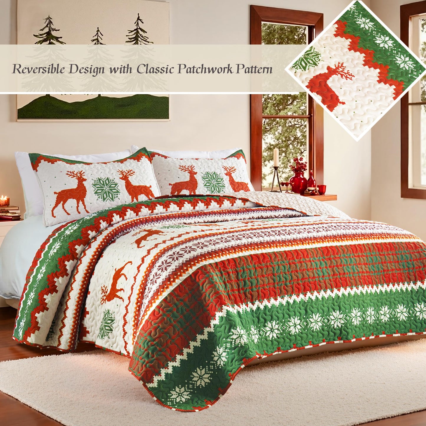Whale Flotilla Christmas Quilt King Size, Soft Boho Floral Bedspreads for Bed Reversible Lightweight King Quilt Bedding Set Coverlets with 2 Pillow Shams for All Seasons, Happy Snowflake