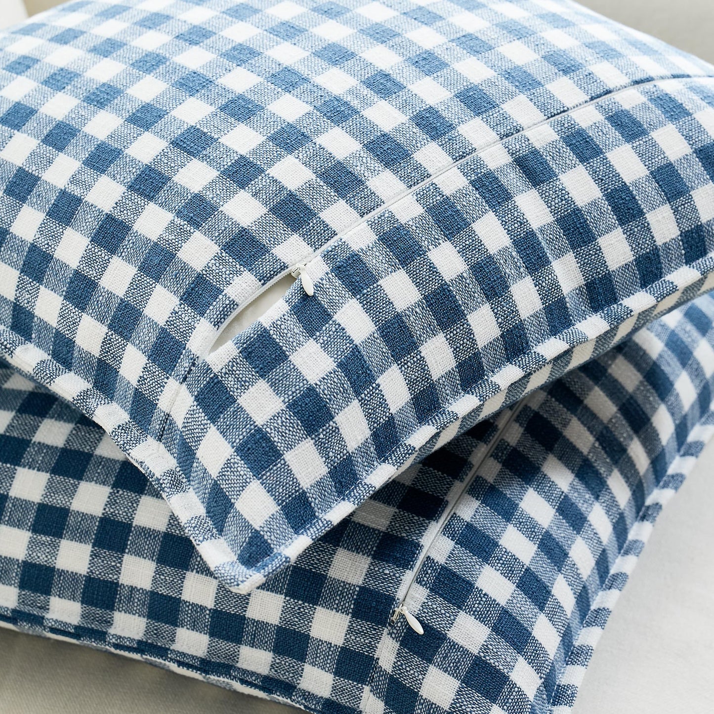KINDREX Farmhouse Gingham Throw Pillow Covers 22x22 Set of 2, Small Checkered Linen-Textured Cushion Covers with Flanged Edges, Decorative Outdoor Pillowcases for Couch Sofa Living Room,Dusty Blue
