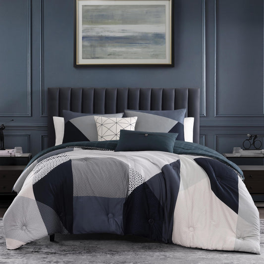 Bebejan Geo Fusion 5 Piece Comforter Set, 100% Cotton Sateen, 220 Thread Count, Patchwork Reversible Bedding Comforter Set, 1 Comforter, 2 Shams & 2 Pillows (King/Cal King)