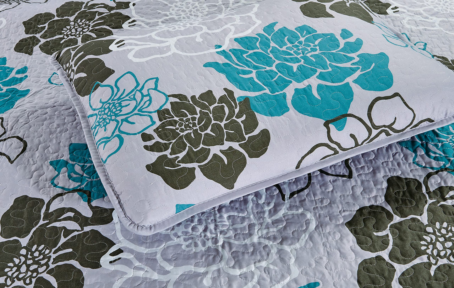 Masterplay 3-Piece Fine Printed Oversize (100inch X 95inch) Quilt Set, Bedspread Coverlet Queen Size Bed Cover (Grey with Black, Turquoise Blue Floral),Oversize Queen