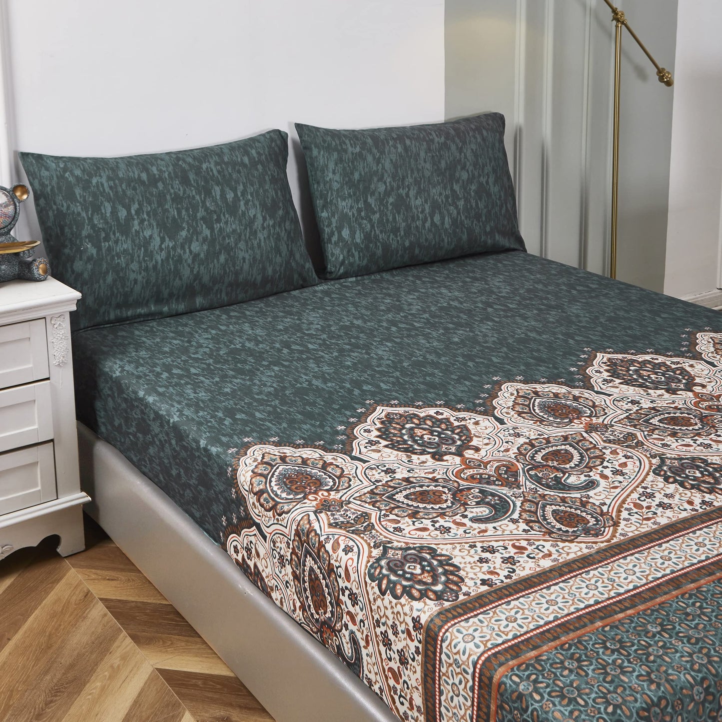 Tache Fitted Sheet Full Size Royal Rustic Paisley Mandala Lattice Floral Elegant Deep Dark Navy Teal Fitted Bed Sheet Only, Full