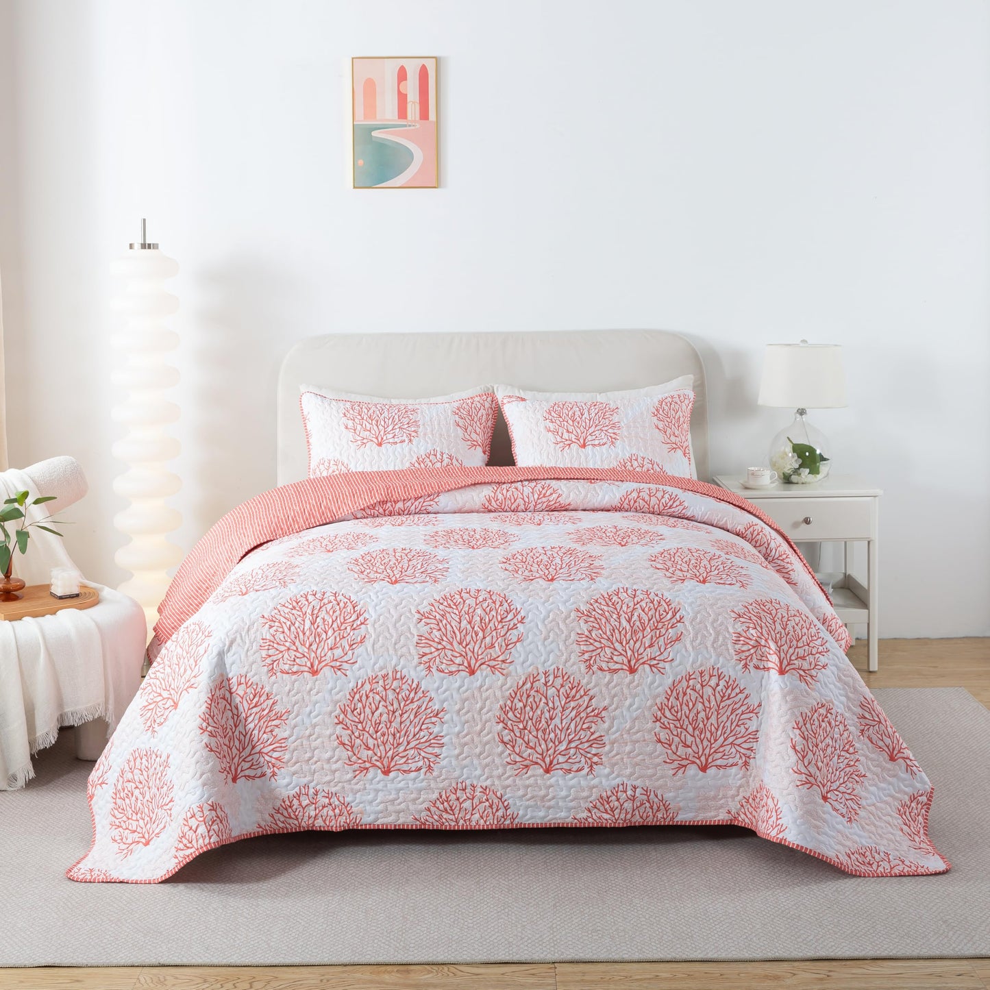 Soul & Lane Coastal Quilt Set - King and 2 Shams, Quilted Coastal Bedspread with Beach Theme, Ocean Bedding Set, Summer Nautical Quilt, Beachy Comforter with Tropical Motif, Sea of Coral