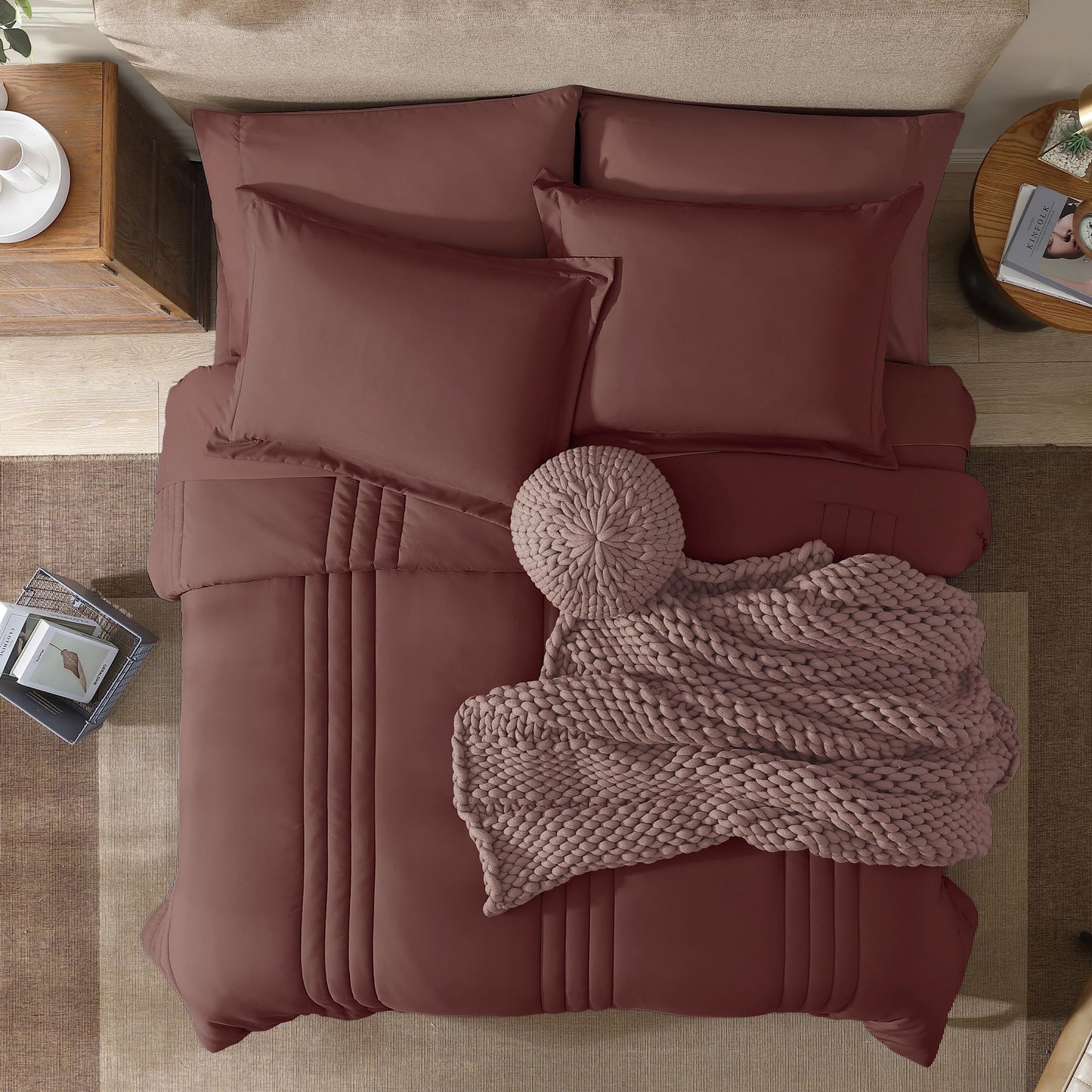 Monbix Queen Comforter Set - 7 Pieces Dark Red Bed in a Bag Queen Bedding Sets with Comforters, All Seasons Comforter Bed Set with Sheets, Pillowcases & Shams