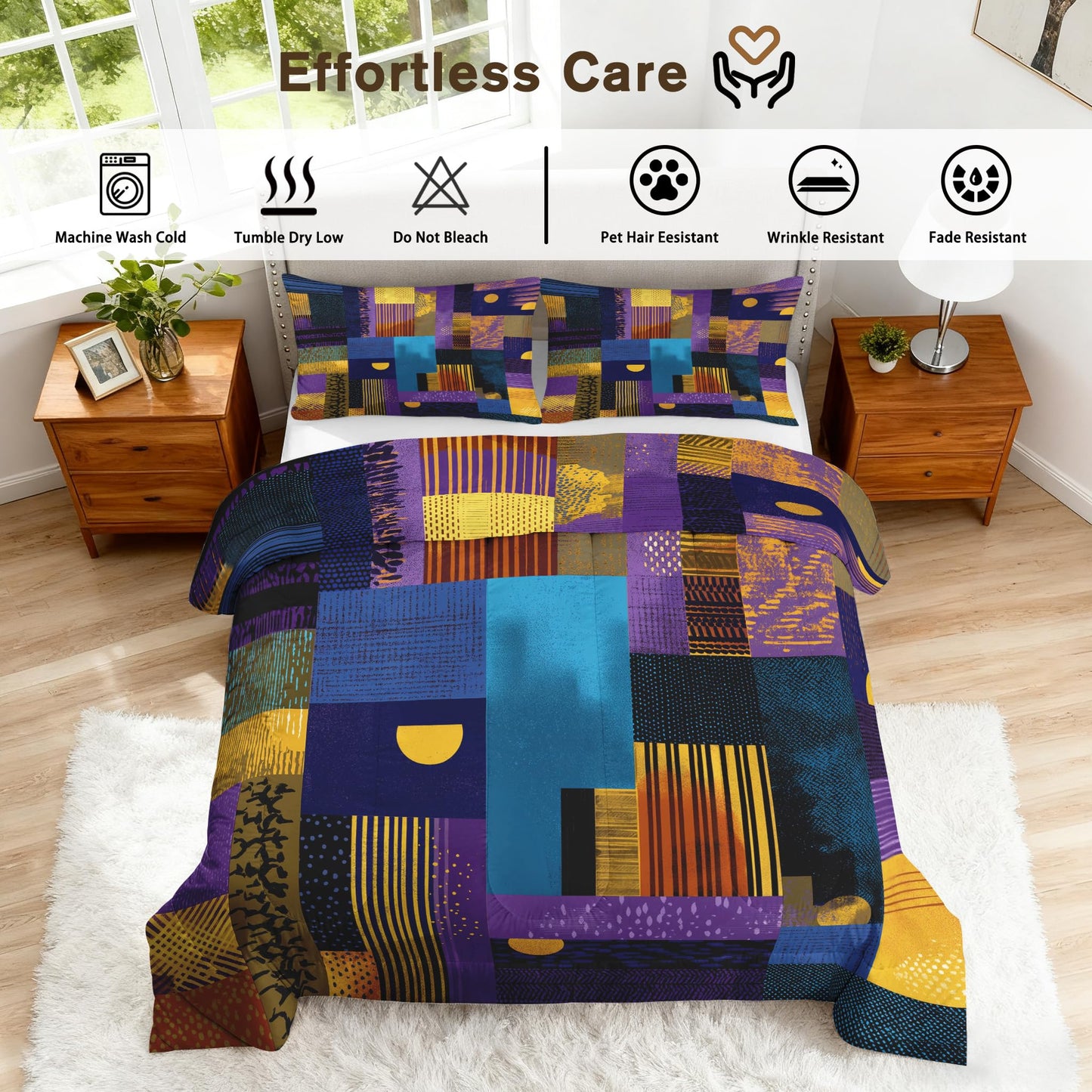 ZDABAOEC Patchwork Boho Queen Comforter Set 3 Piece, 2 Pillow Shams, Mid Century Modern Geometric Reversible Down Alternative All Season Bedding, Soft Microfiber, Boho Bedroom Decor