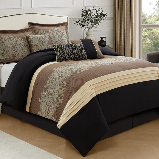 LANCO MODERN LIFESTYLE Black Gold Comforter Set, Queen, Damask Jacquard with Matching Solid Piece Work, 7 Piece Soft Bedding Set for All Season, Bed Skirt, Pillow Shams and Decorative Pillows