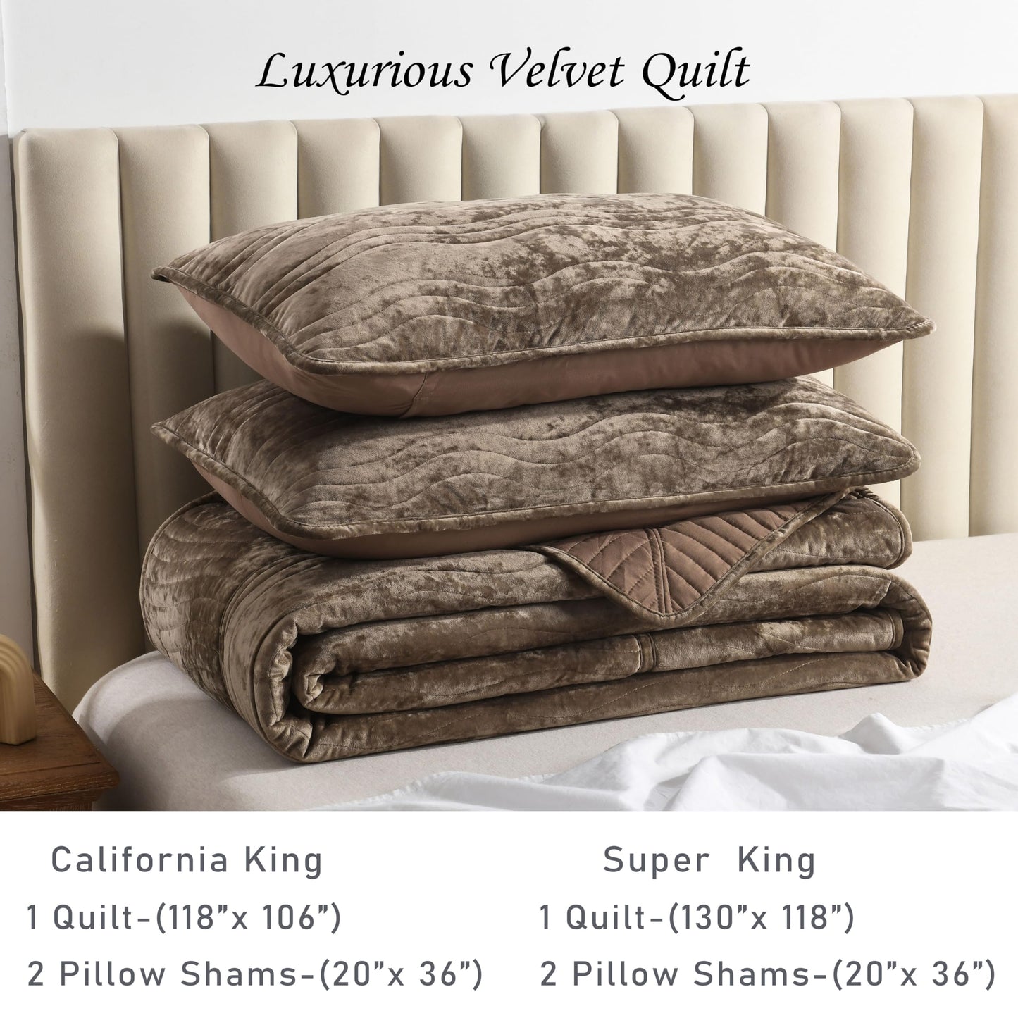 AJOCCI Velvet California King Size Quilt, Oversized California Comforter Set Mocha Brown Bedding Set (118”*106”) with 2 Pillow Shams, Luxurious Quilt Set,All-Season 3 Pieces