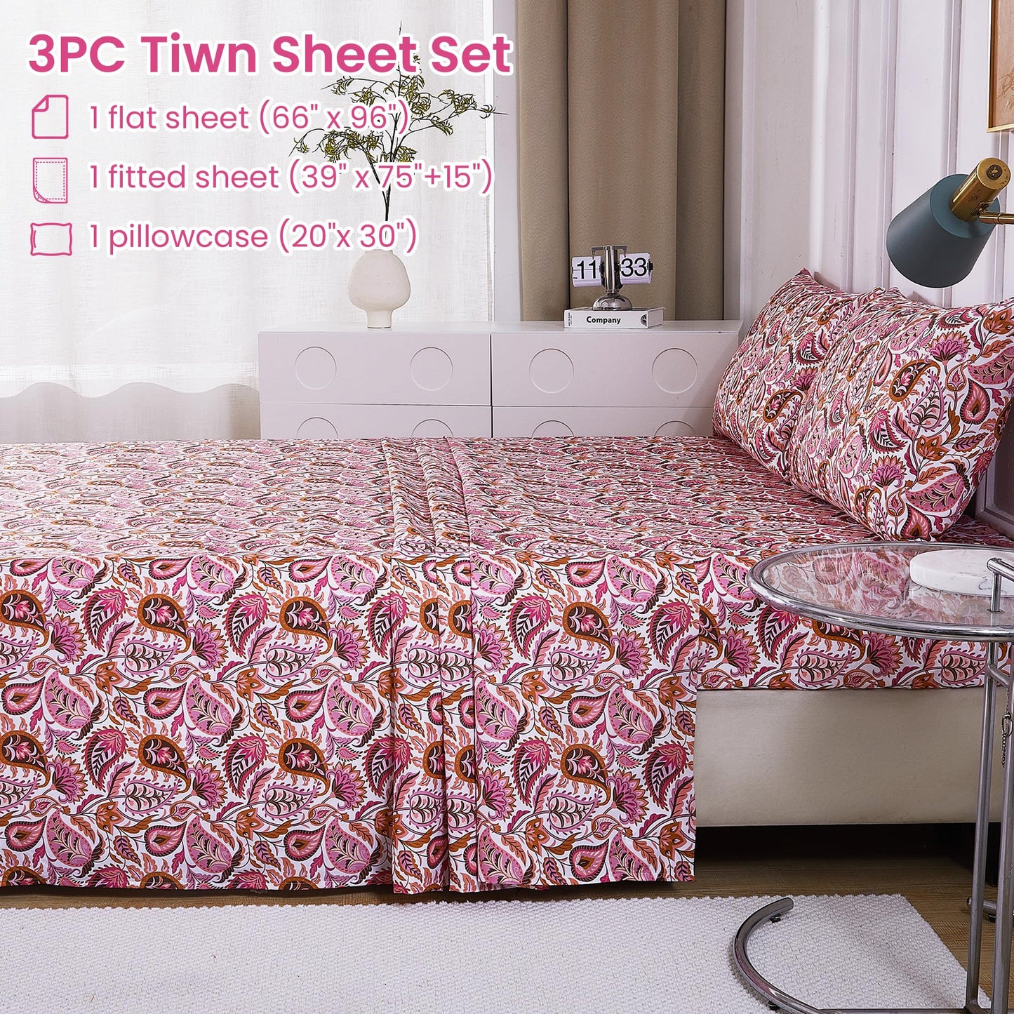 Softan Pink Paisley Floral Twin Sheet Set, 3-Piece Cozy Boho Microfiber Printed Fitted Bed Sheet with 15" Deep Pockets & Non-Slip Straps, Kids Girls Patterned Sheets & Pillowcase Set