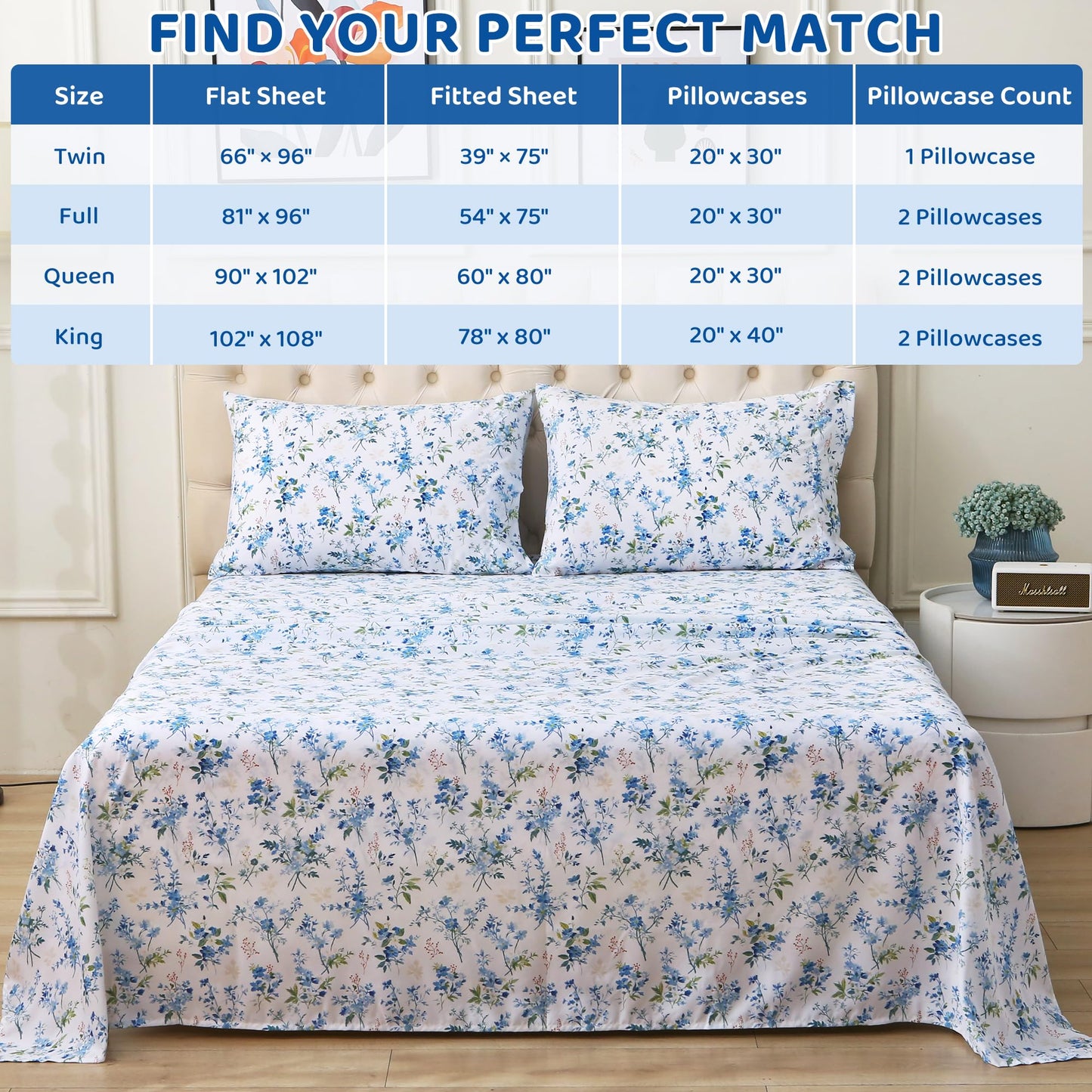 Mooreeke Cozy Vintage Microfiber Printed Full Sheet Set - Soft & Breathable Percale Blue Green Floral Bed Sheets with Extra Deep Pocket - Non-Slip Fitted Design - Blue Green Flower Pattern