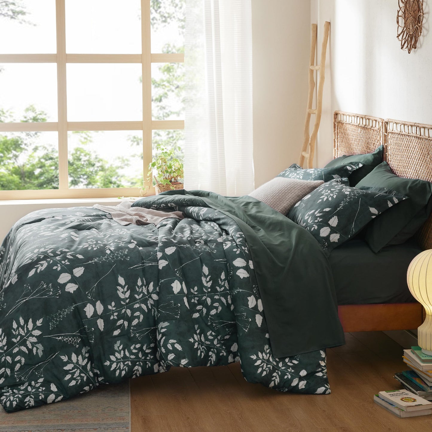 Bedsure King Size Comforter Set - 7 Pieces Floral Forest Green Soft Bedding Sets, King Bed in a Bag with Botanical Flowers Comforter, Sheets, Pillowcases & Shams