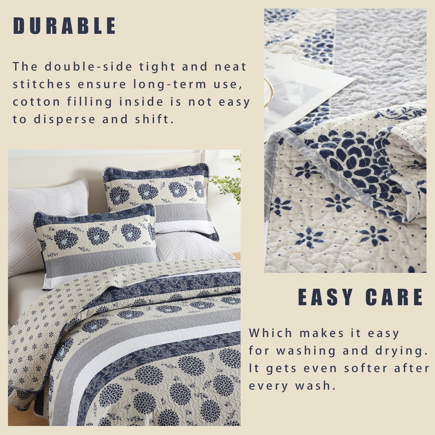 Homzard Quilt Queen Size - Queen Comforter Set,Navy Blue Beige Grey All Cotton Quilted Bedspread Set,Striped Floral Pattern Quilt,Lightweight Paisley 3 Piece Bedding,All Seasons