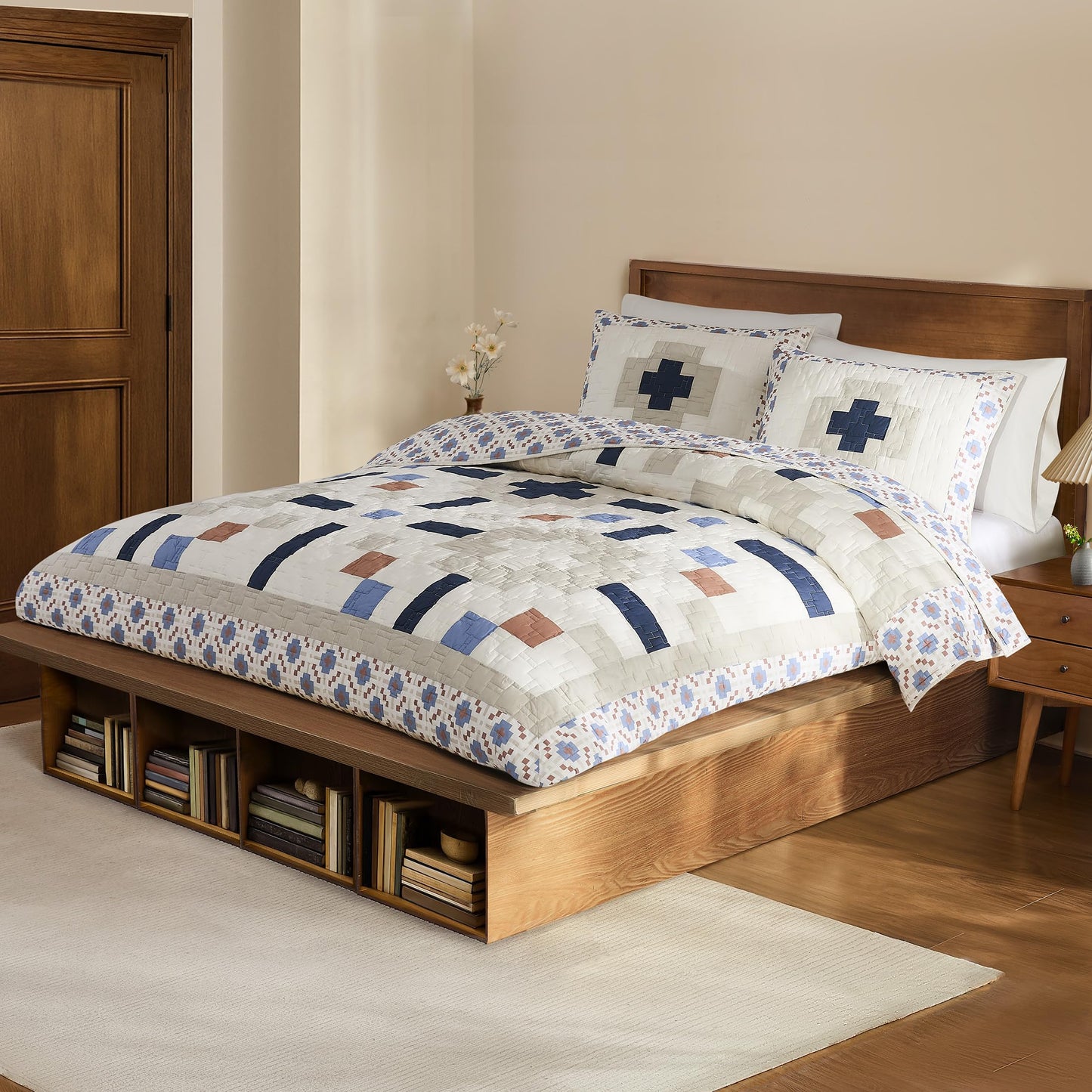 Pendleton King Quilt Set – 100% Cotton 3 Piece Quilt Set with Shams, Soft Lightweight Bedding for King Size Bed, White & Blue Patterned Comforter Alternative, King Bedding Set (Meadow Summit)