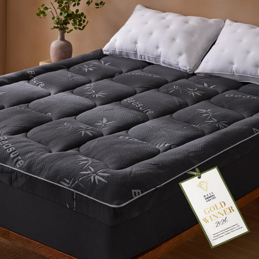 Bedsure Full Size Mattress Topper - Viscose Made from Bamboo Ultra Soft Thick Fluffy Pillow Top Mattress Pad with 21 Inch Deep Pocket, Breathable, Moisture Wicking, Black, 54x75 Inch