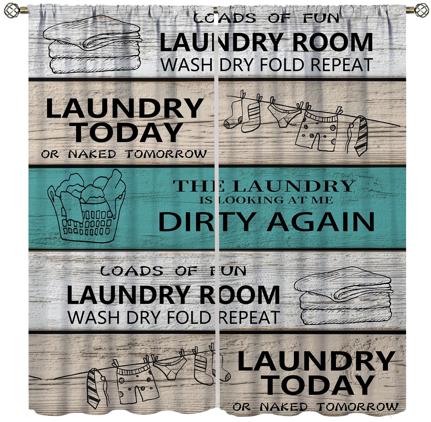 TYVGICZ Laundry Kitchen Curtain Rustic Wash Dry Words Wooden Teal Brown Funny Fun Small Short Window Treatment Tiers for Bedroom Living Room Bathroom Rod Pocket Drapes, 42x45 Inch