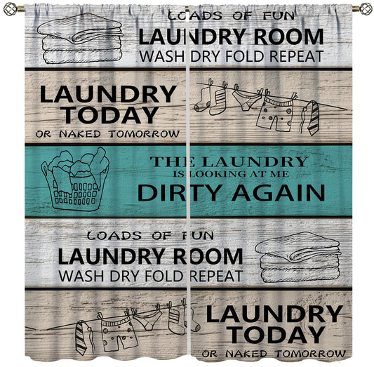 TYVGICZ Laundry Kitchen Curtain Rustic Wash Dry Words Wooden Teal Brown Funny Fun Small Short Window Treatment Tiers for Bedroom Living Room Bathroom Rod Pocket Drapes, 42x45 Inch