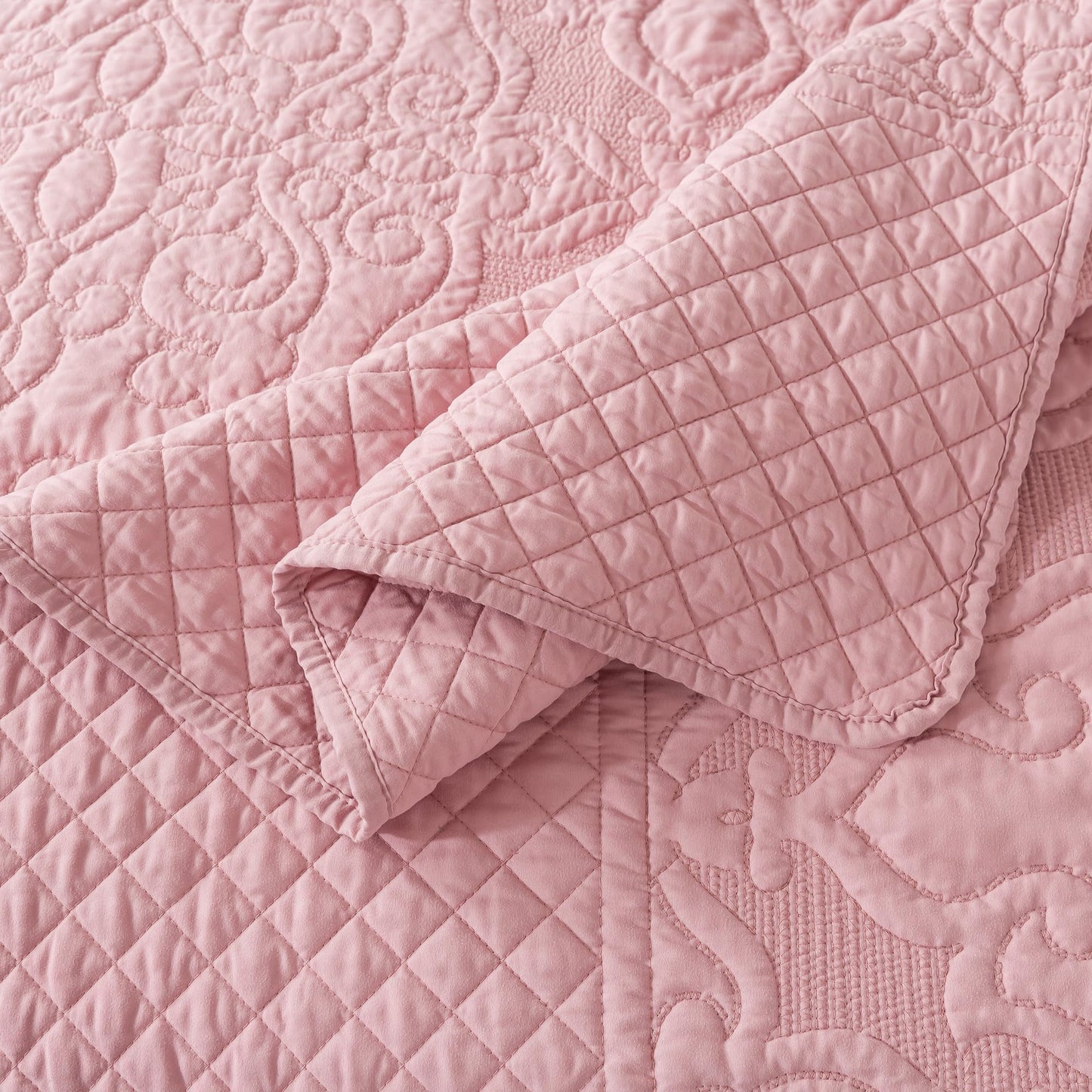 NEWLAKE Quilt Bedspread Set, Pink Jacquard Embossed Floral Pattern Reversible Embroidered Microfiber Coverlet Sets, Queen Size