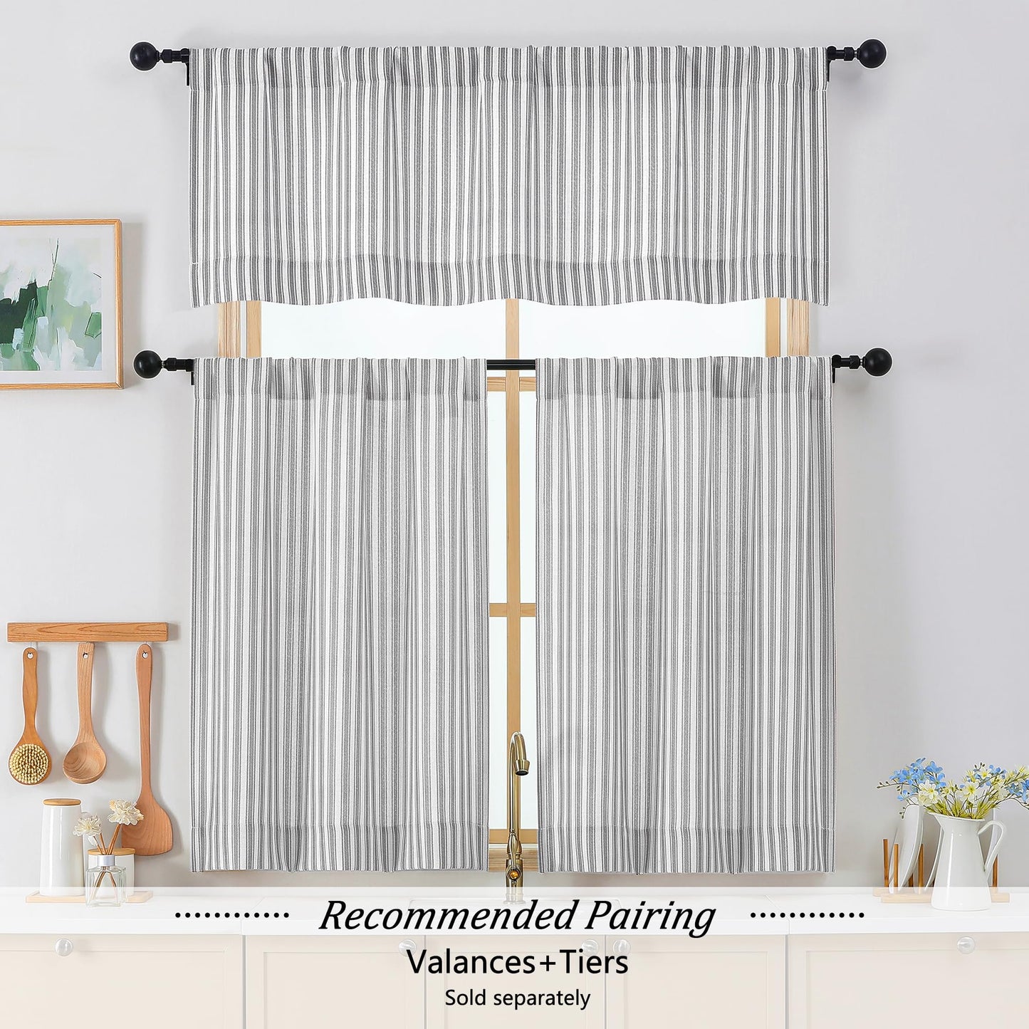 Chyhomenyc Striped Boho Curtains 24 Inch Length - Light Filtering Faux Linen Half Window Cafe Curtains, Farmhouse Short Curtain Tiers for Bathroom RV Camper, 30Wx24L, 2 Pieces, Grey