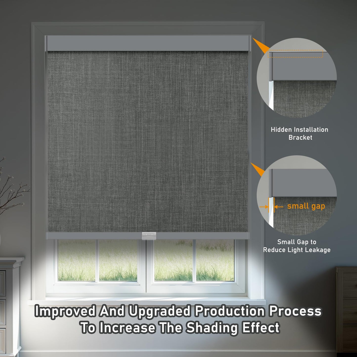 AOSKY Linen Roller Blinds Shades for Indoor Windows Pull Down Cordless Blackout Black Out Window Shade 23 Inch Blinds for Home Dark Grey