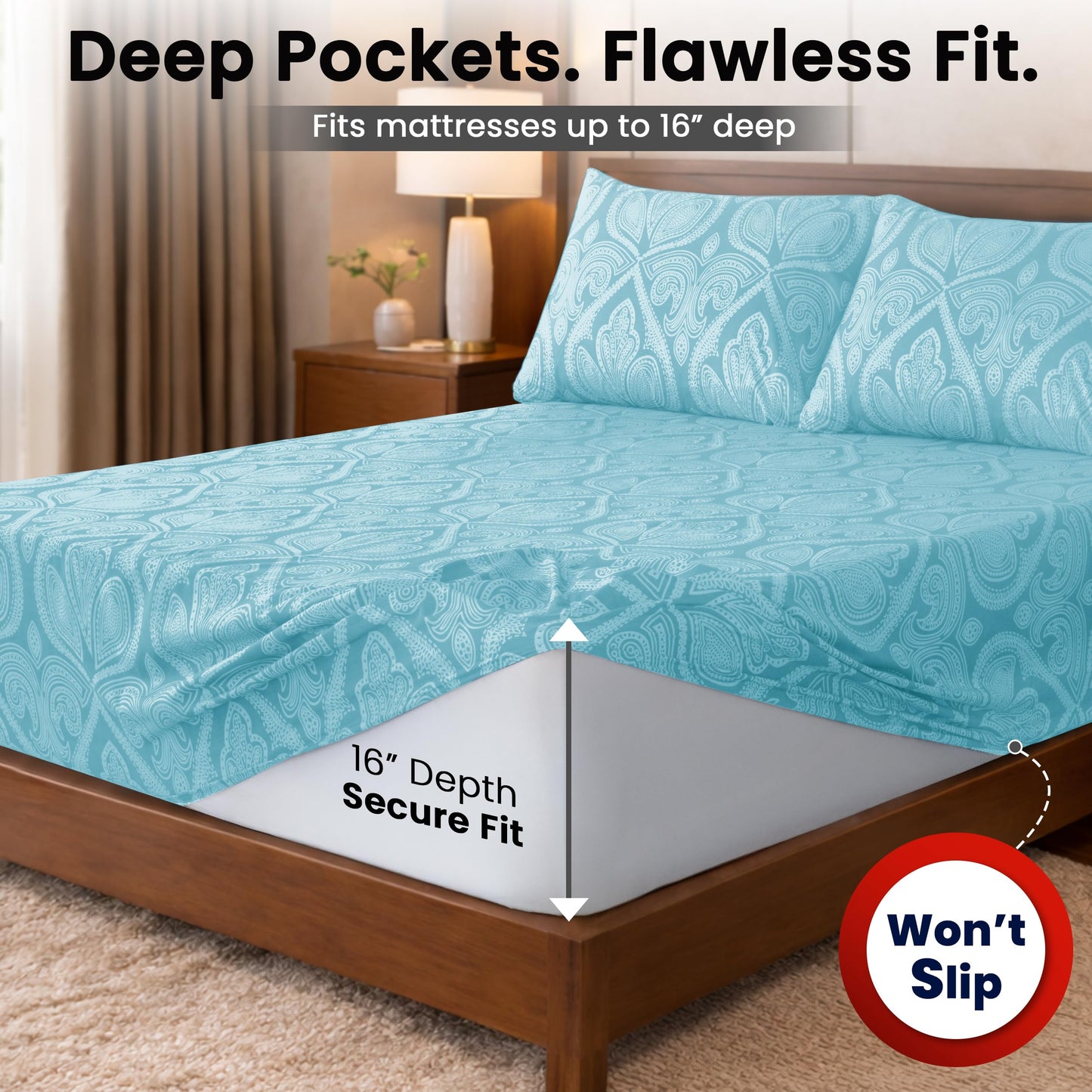 Ultra Soft Wrinkle-Free Microfiber Paisley King Sheet Set, Cute Floral Pattern Boho Print – 16" Deep Pocket Fitted Sheet, Flat Sheet & 4 Pillowcases, Breathable, OEKO-TEX - Blue