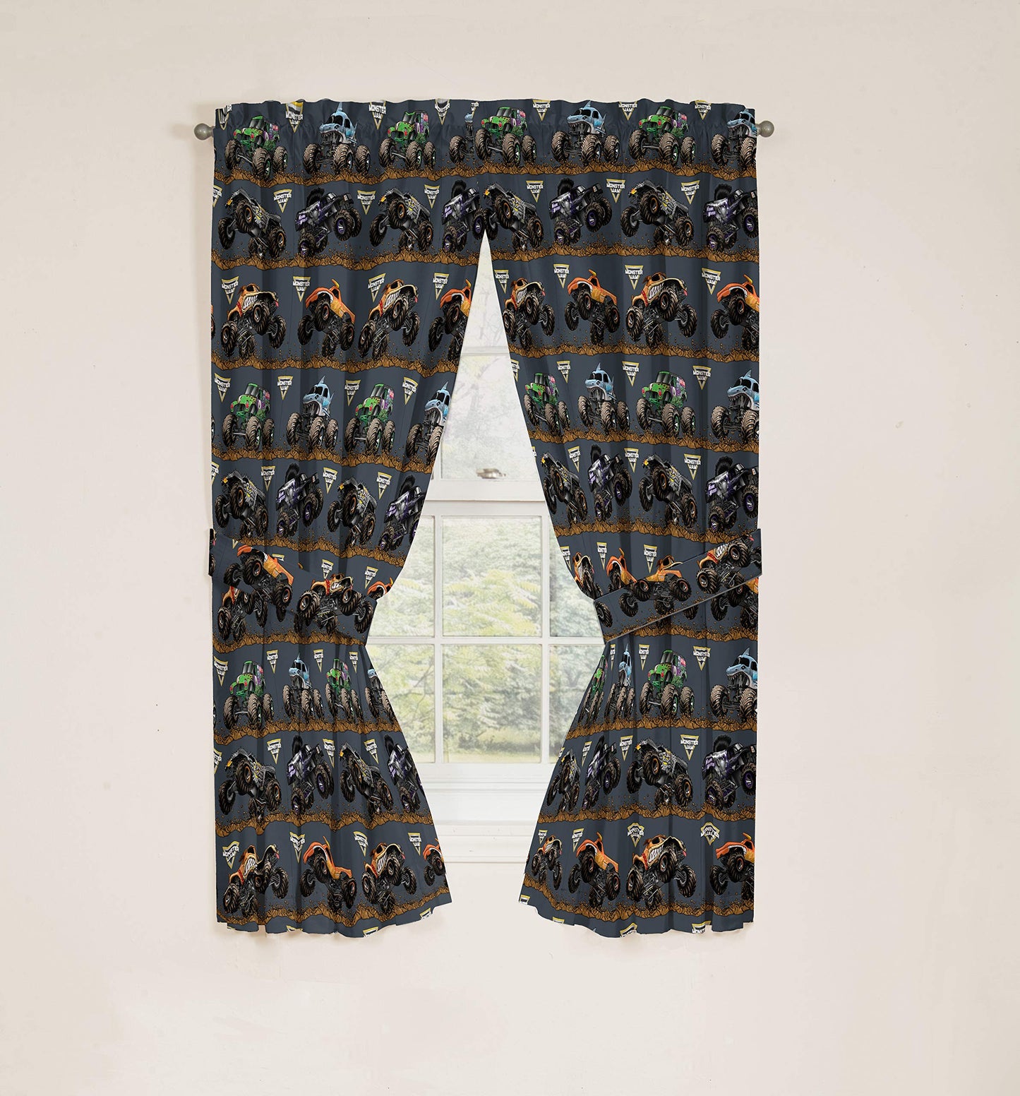 Jay Franco Monster Jam Kids Curtains, 4-Piece Drape Set with 2 Tiebacks, 42" W x 63" L Rod Pocket Window Drapes, Super Soft Microfiber, Light Filtering, Machine Washable (Officially Licensed)
