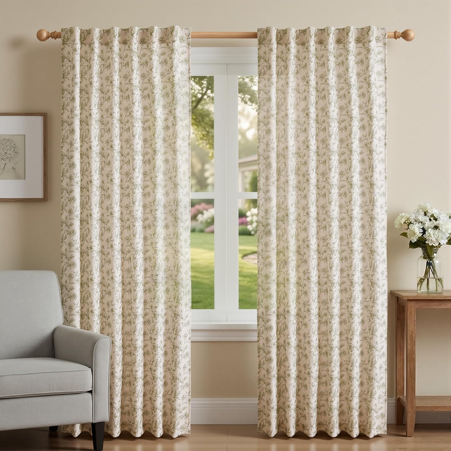 XWZO Green Floral Curtains 84 Inch Length Farmhouse Linen Curtain for Living Room Vintage Flower Botanical Patterned Curtains Rod Pocket Back Tab Bedroom Window Drapes Set 2 Panels