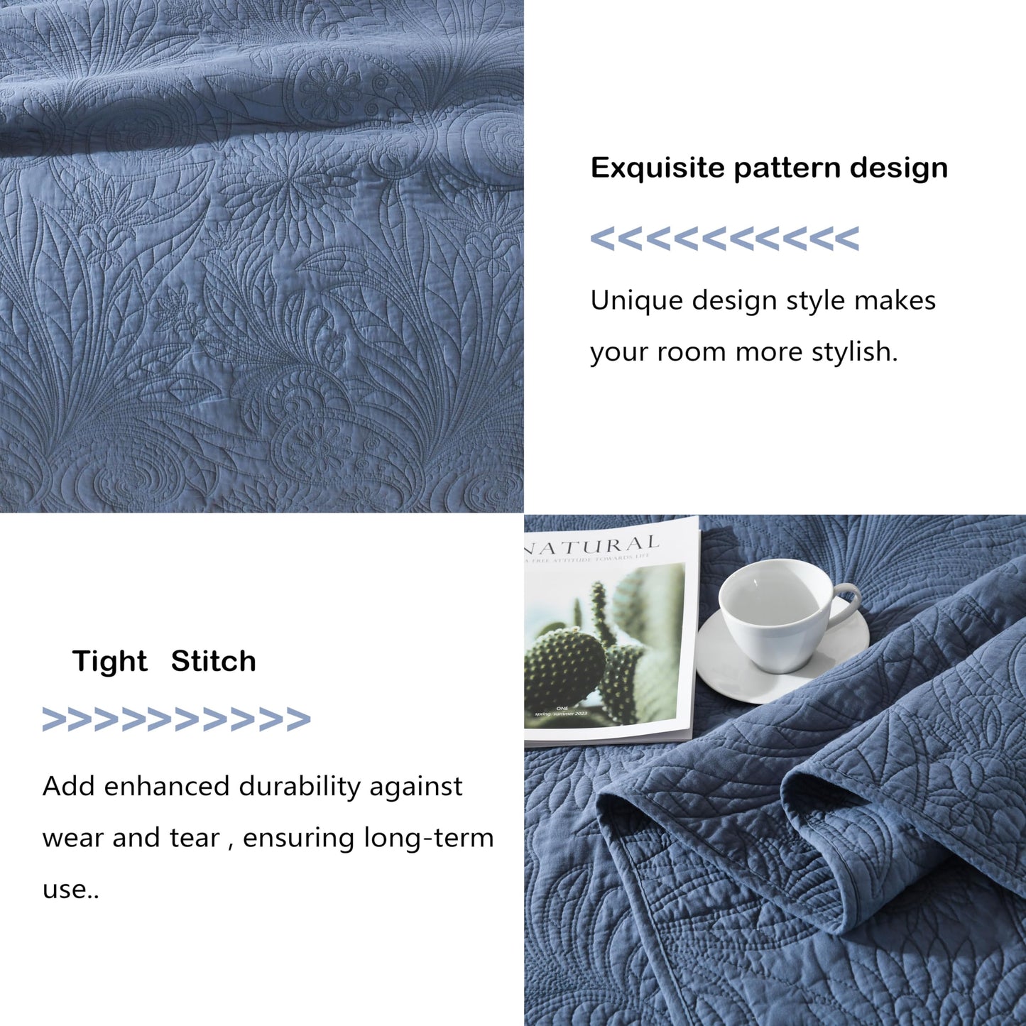 AJOCCI Cotton Queen Size Comforter Set，Solid Quilt Set Retro Blue Bedding，Paisley Bedspreads，Soft Cotton Quilt Solid Color Lightweight Bedspread All Seasons 3 Piece
