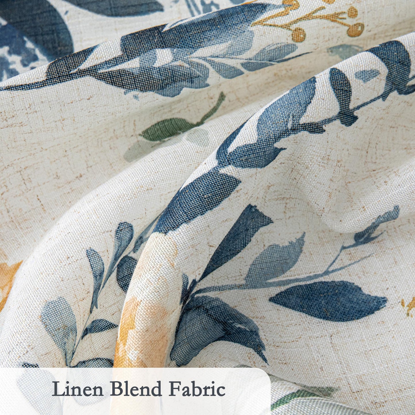 MYSKY HOME Floral Linen Curtains 84 Inch Long Set of 2 for Living/Dining Room Semi Sheer Light Filtering Farmhouse Flower Patterned Back Tab Drapes, Yellow and Blue, W50 Each Panel