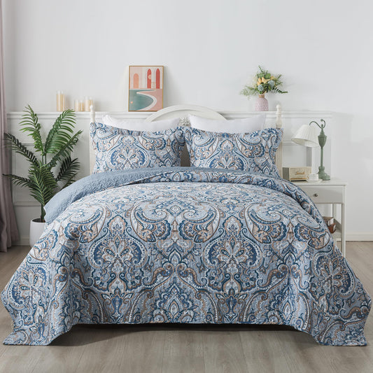 Etwel Lightweight Cotton Queen Size Quilt Set - Breathable Reversible Bedspread for Hot Sleepers, Farmhouse Floral Bedding Set with 2 Pillow Shams for All Season (90"x98", Crown Blue-Gray)